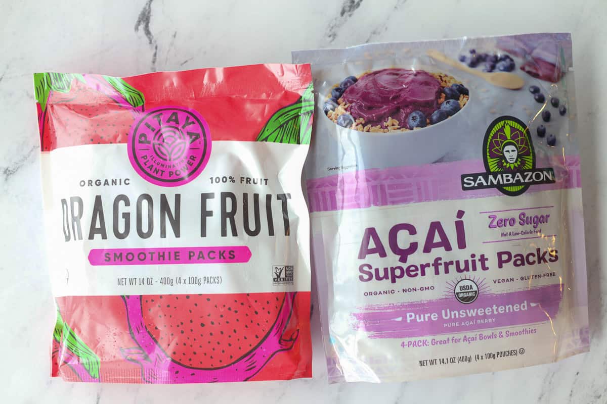 Ingredient products used for dragon fruit puree and acai puree in original packaging.