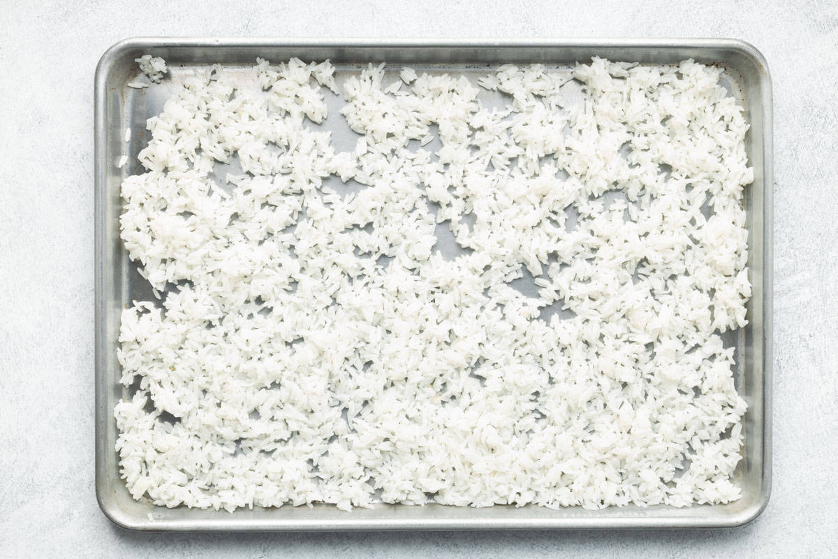 Fresh cooked white rice spread out on an aluminum baking sheet.