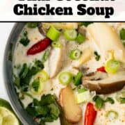 Thai Coconut Chicken Soup in a gray bowl is surrounded by mushrooms, lime, red chilies, green onions, and cilantro garnishes on a white marble background.