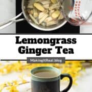 Water is being added to the chopped lemongrass and sliced ginger in a medium saucepan with a mug of lemon grass tea below.