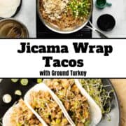 Three jicama wrap tacos on a black plate are garnished with extra green onions and broccoli sprouts.