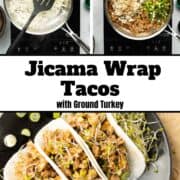 Three jicama wrap tacos on a black plate are garnished with extra green onions and broccoli sprouts.