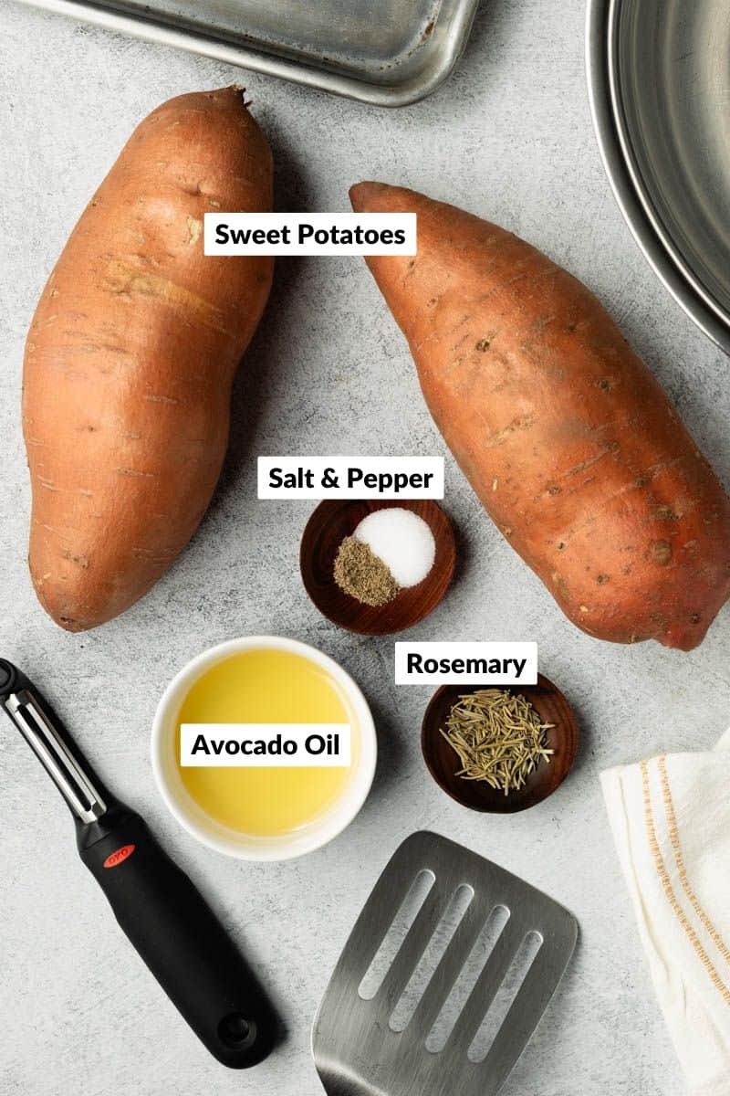 Oven-roasted sweet potato recipe ingredients in separate containers on a textured grey background.