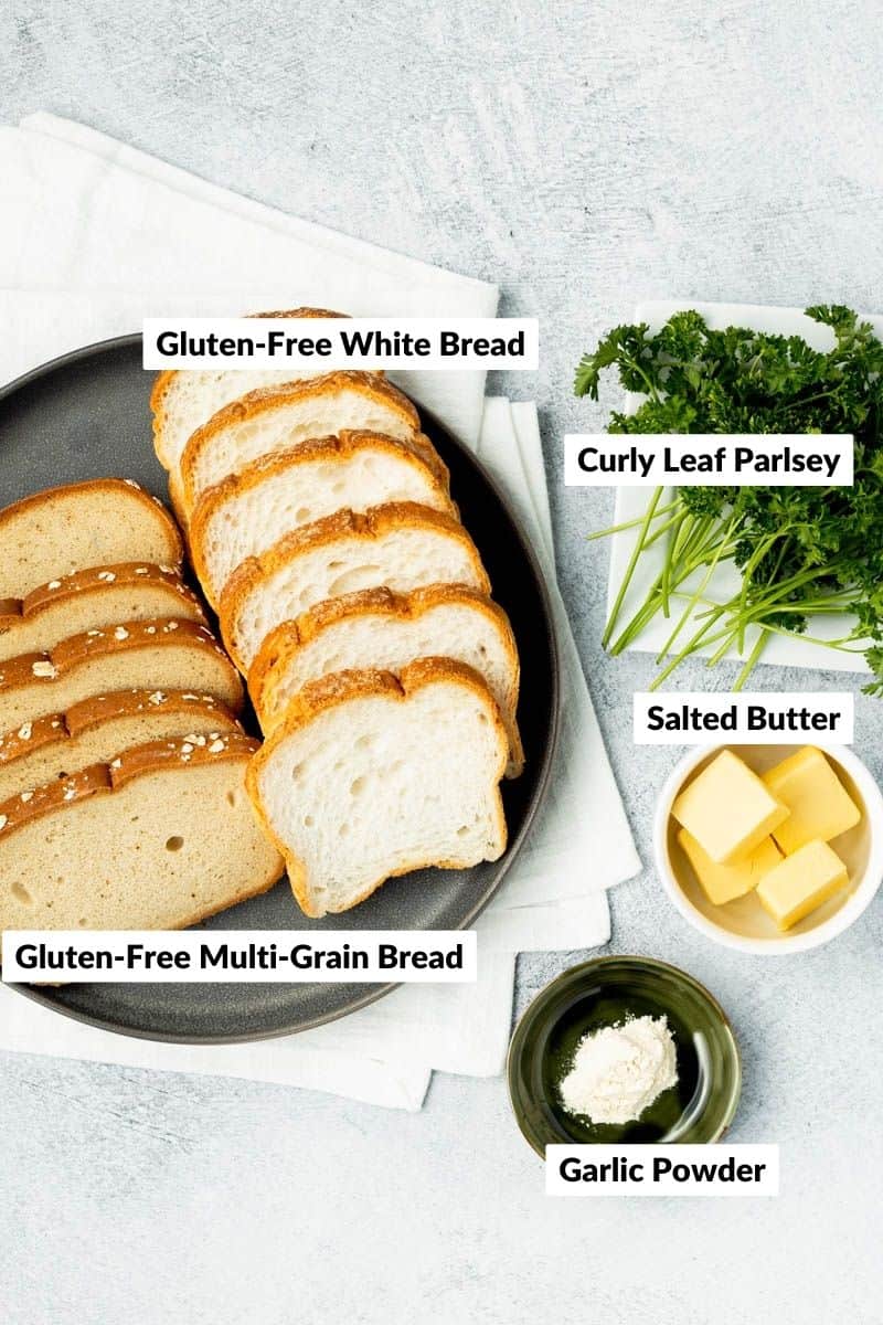 Gluten-free croutons recipe ingredients in separate containers.