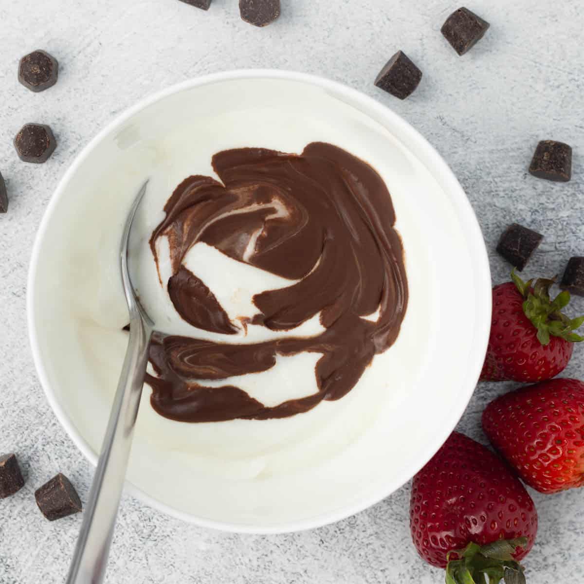 A bowl of Greek Yogurt with a swirl of homemade chocolate sauce.