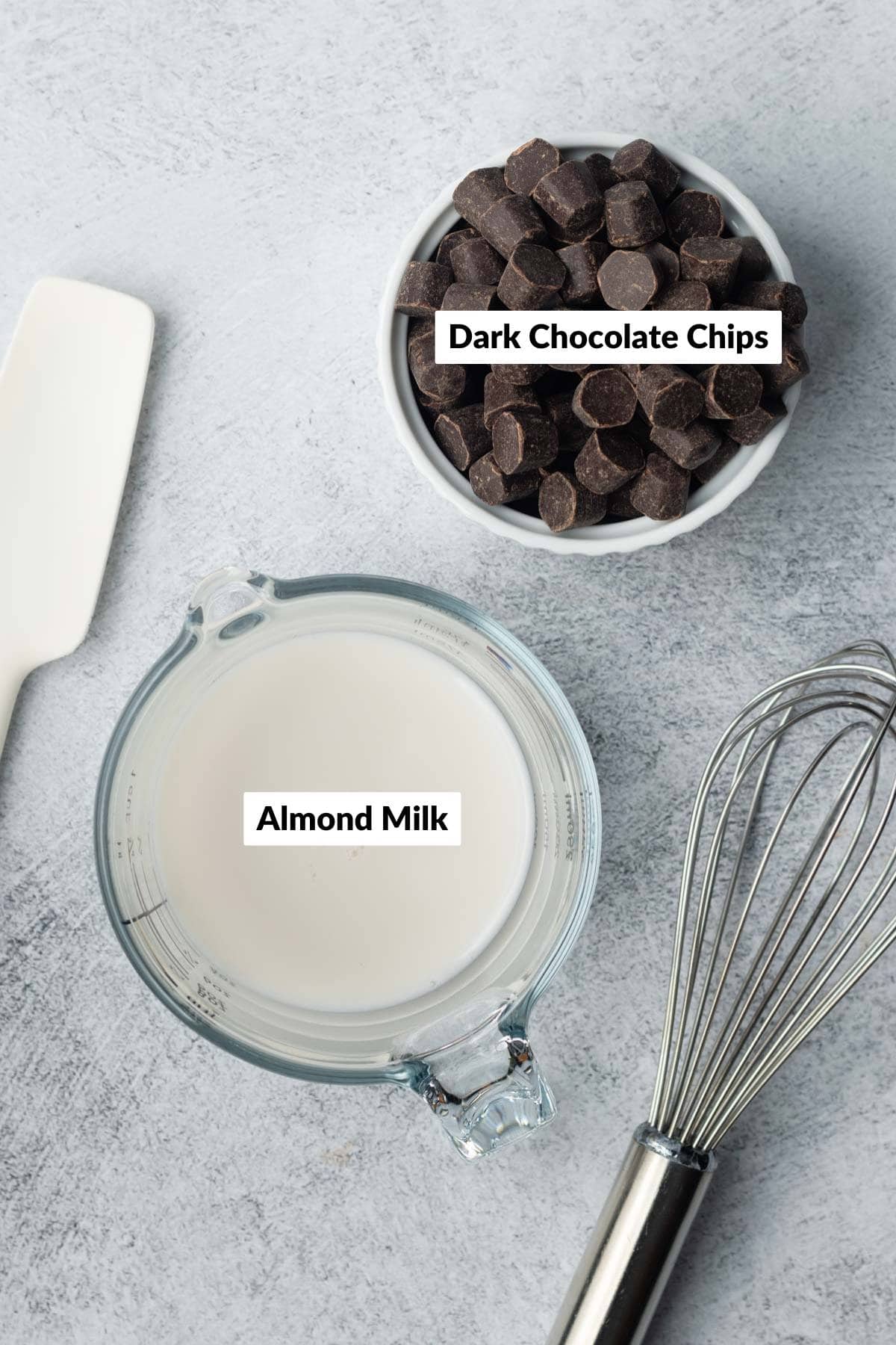 Labeled chocolate sauce ingredients in separate containers.